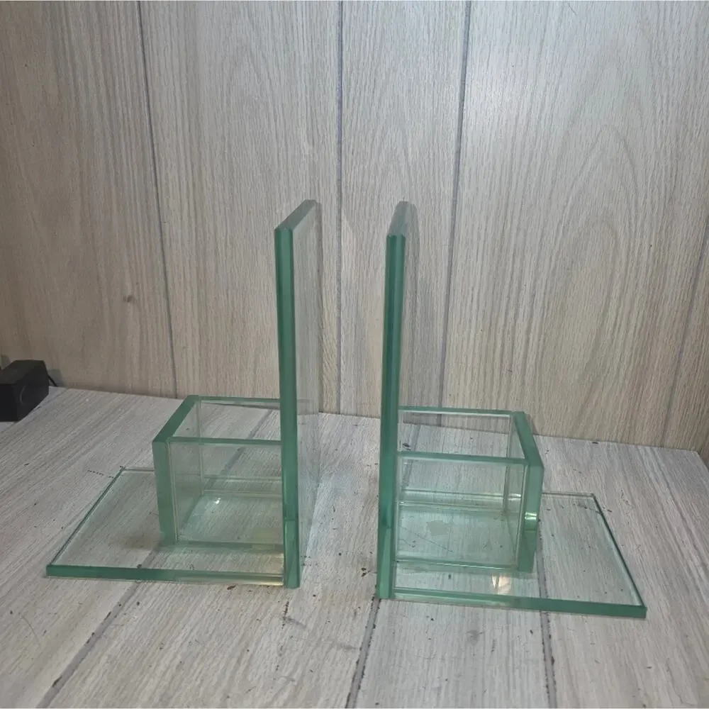 Vtg Minimalist Clear Glass Bookends With Candle Holder/Planter MCM Art Heavy